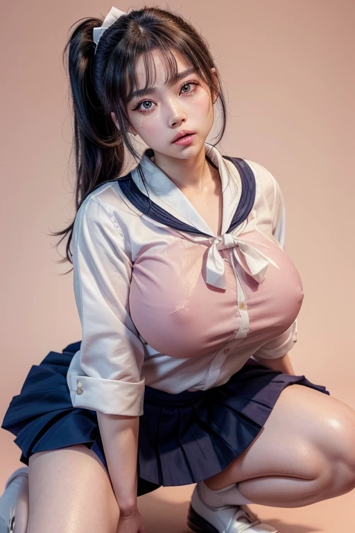 masterpiece, best quality, cinematic, photorealistic, ultra-detailed), (1girl, female Japanese student), (wide shot, from the front:1.4), (wearing a Traditional seifuku with a navy blue skirt and white blouse:1.5), (natural black hair, high ponytail tied with a simple ribbon:1.2), perfect hands, perfect face, (tall height, wide hips, long round legs, sexy legs, round ass), (massive natural soft tits), (hazel eyes, soft and shimmery eyeshadows, detailed pupils, defined eyelashes), (blushing, slightly parted lips, nude pink lips:1.2), (gradient background:1.3), (crouching seductively:1.4)