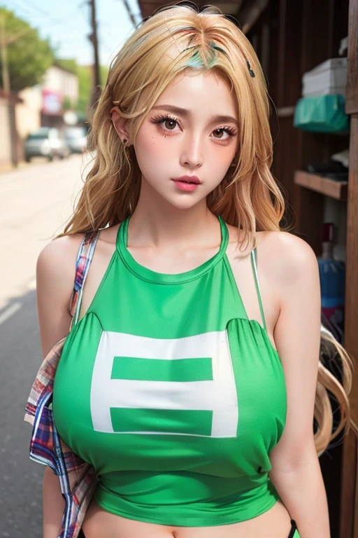 (One Girl),large chest, chest, Sunburn, Fresh Skin, Sweaty skin, Wavy blonde hair, Punk T-shirt, Punk Girl