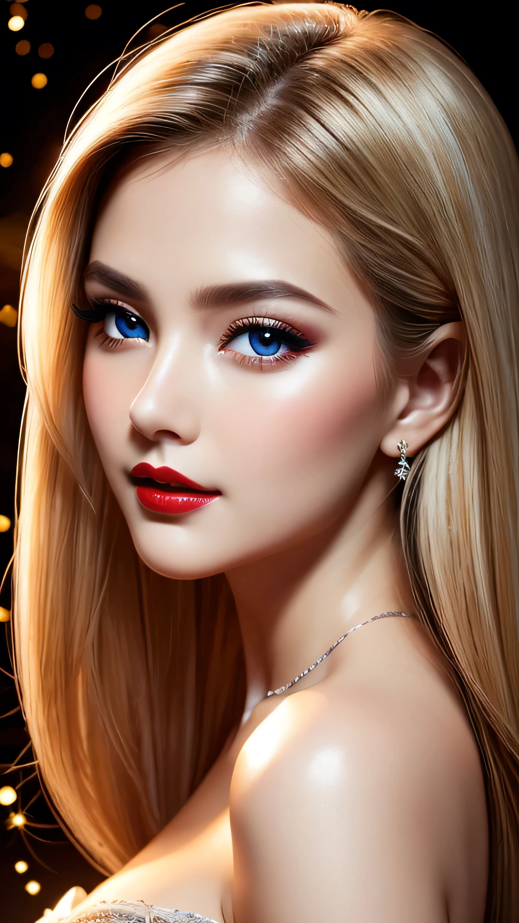 Highest quality、High resolution、Super detailed、masterpiece、Live Shooting:1.5、Real:1.5、Photorealistic:1.5、Very delicate and beautiful、Fine details、Textured skin、Beautiful white people、Solo、Super beautiful, Makeup, Ecstatic Expression, Amorous expressions, temptation expression, Flowing layered white shiny blonde hair, Big sparkling blue eyes, Seductive moist red lips, Perfect proportions, Perfect Eyes、Brush strokes、night bokeh effect background