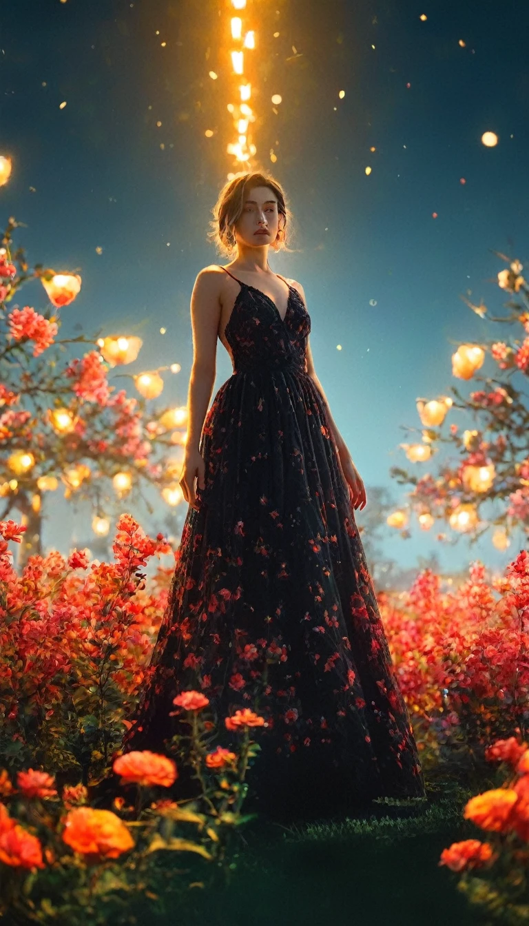 アニメ,Beautiful woman in a long dress、Standing on a shining island surrounded by floating red flowers。. The black sky reflects the neon lights、A yellow light shines from behind her. In the center is a small tree that glows like fire... masterpiece,best quality,ultra detailed,high-resolution,8k portrait,unity 8k wallpaper,extremely detailed CG unity 8k wallpaper
