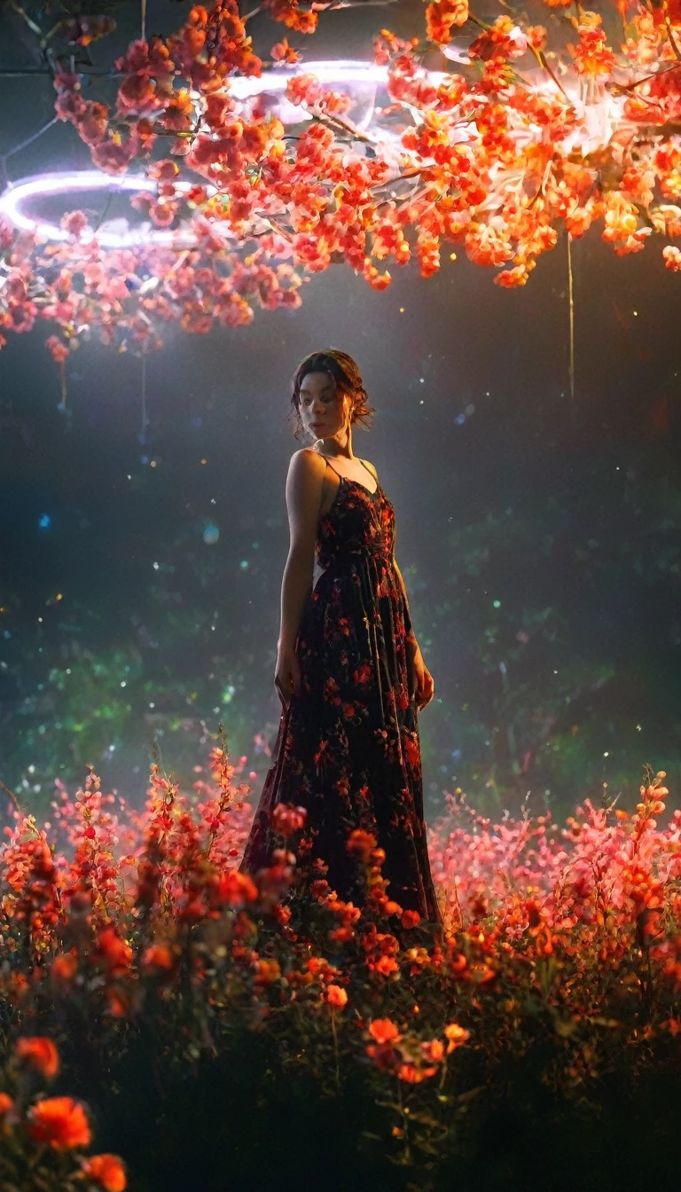 アニメ,Beautiful woman in a long dress、Standing on a shining island surrounded by floating red flowers。. The black sky reflects the neon lights、A yellow light shines from behind her. In the center is a small tree that glows like fire... masterpiece,best quality,ultra detailed,high-resolution,8k portrait,unity 8k wallpaper,extremely detailed CG unity 8k wallpaper