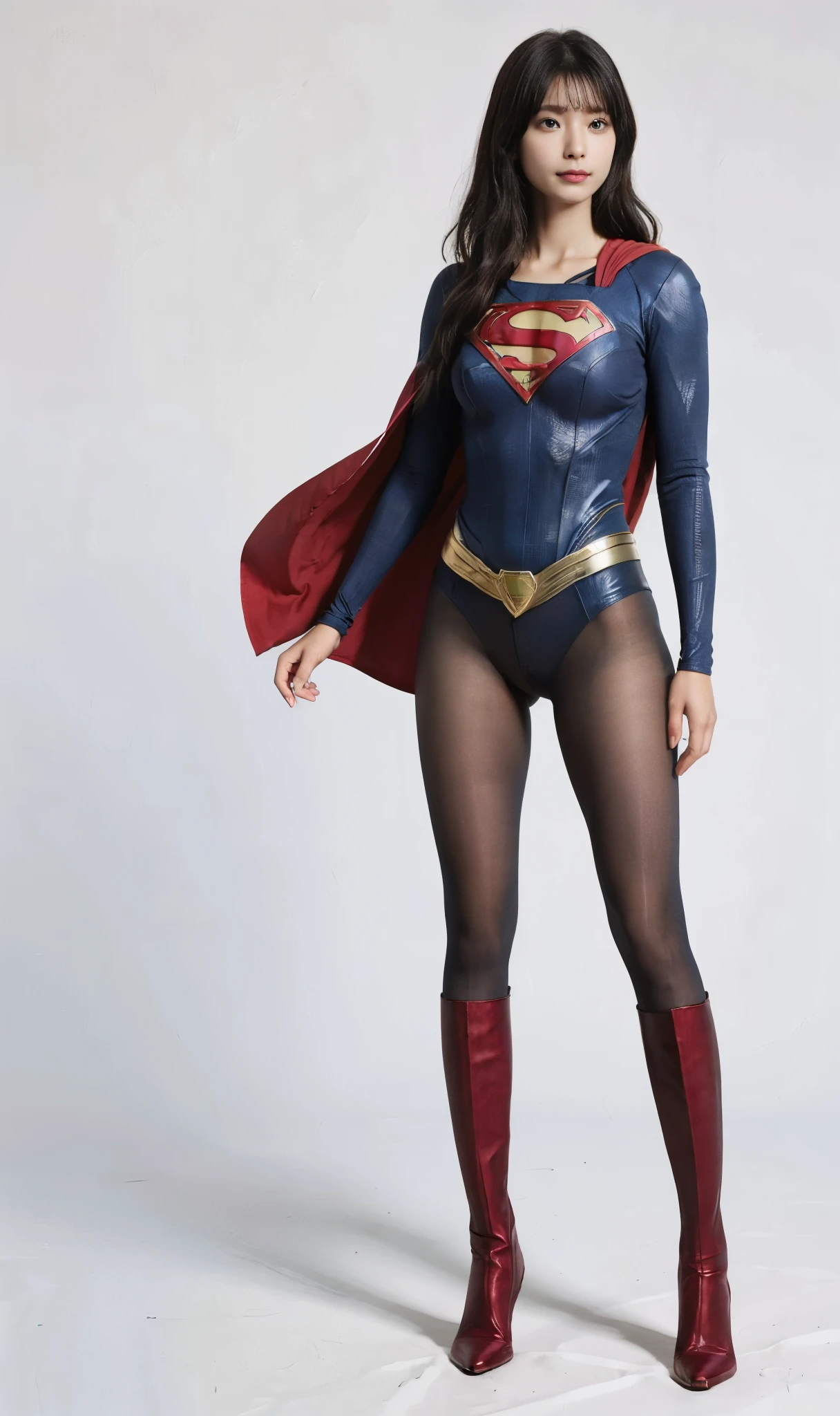 No background、She always has her mouth open、She always has a sad look on her face、Always close your eyes、(((Beautiful legs in black tights.)))、(((Stretch your legs、expensive、Showing a beautiful smile)))、((((Make the most of your original images)))、(((Supergirl Costume)))、(((Beautiful Short Hair)))、(((Suffering face)))、(((Black tights legs、Wear red boots)))、((Best image quality、8k))、((Highest quality、8k、masterpiece:1.3))、(((Preserve background )))、Sharp focus:1.2、Beautiful woman with perfect figure:1.4、Slim Abs:1.2、Wet body:1.5、Highly detailed face and skin texture、8k