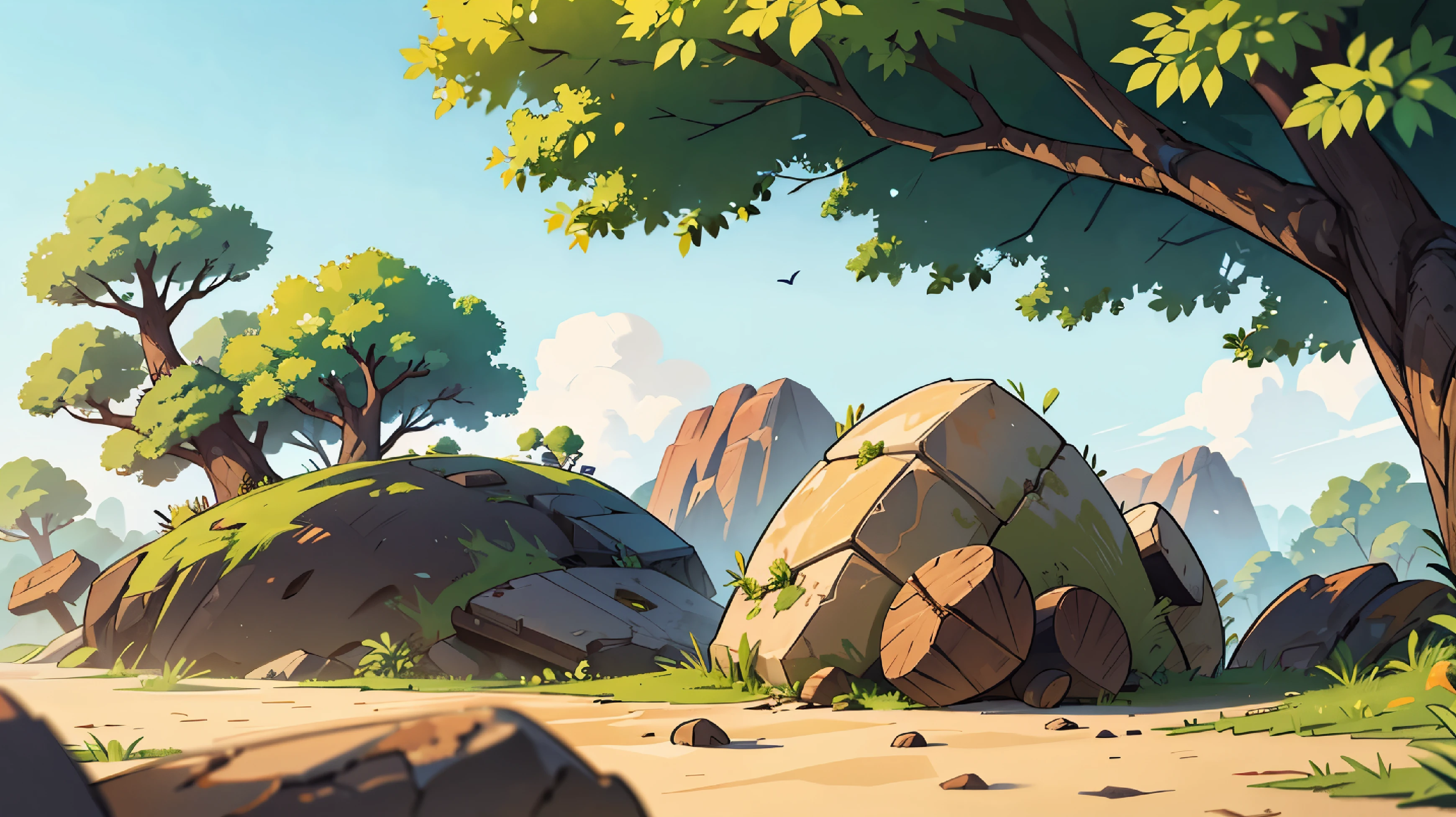 A clearing, a rolling stone, a broken and dry tree trunk, in the background sand dog, wasteland