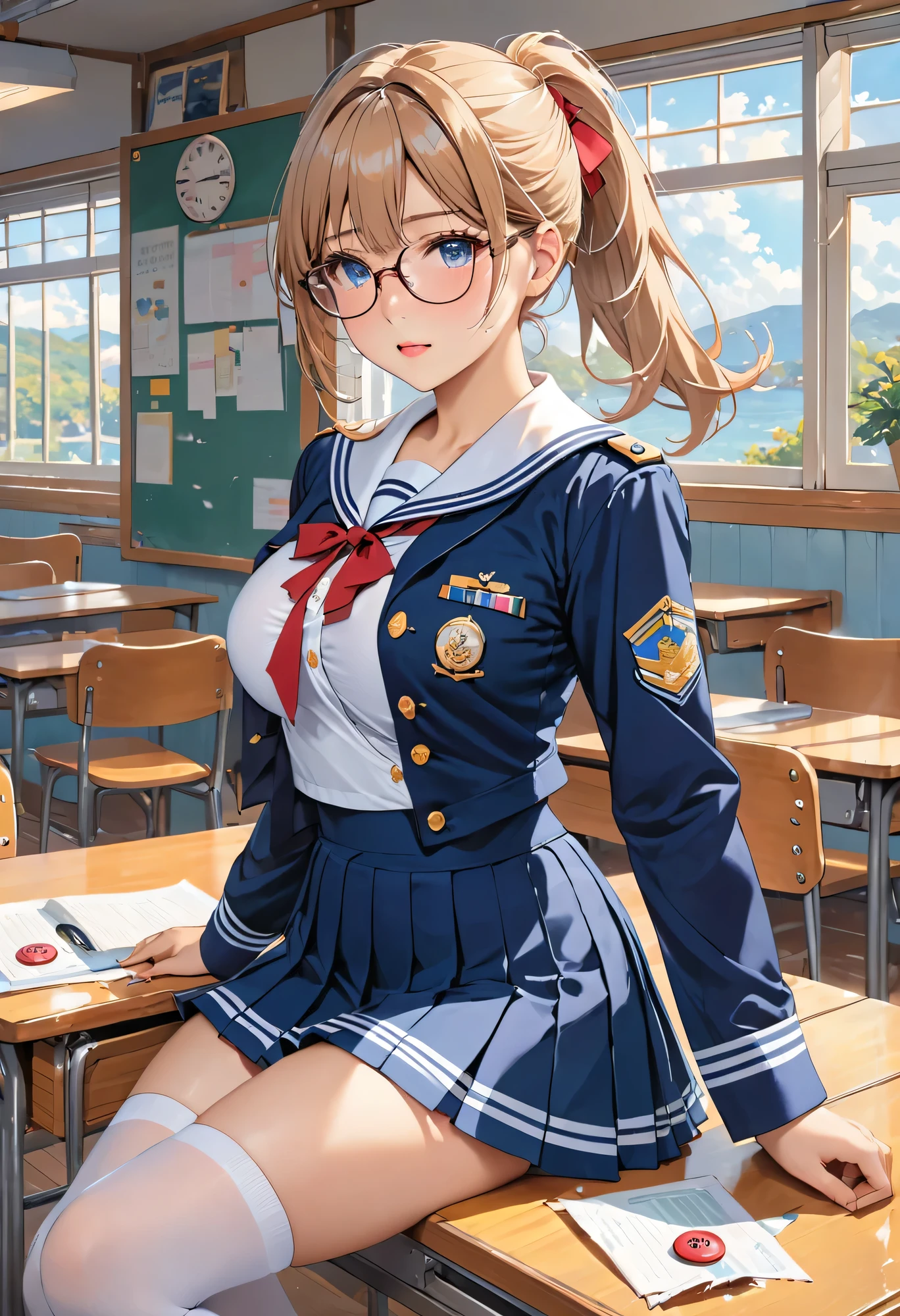 Highest quality、High resolution、Detailed Background、Beautiful face in every detail、Teenage beauty、Huge breasts、Detailed facial expressions、Light color hair、ponytail、Bobcut、Perfect body line、Glasses、Sailor suit、JK Uniform、Pleated skirt、White Stockings、Look at me with cold eyes、Blushing、
(The button on her uniform is broken and her breasts are spilling out:1.5)、(View from below of sitting at desk in classroom:1.5)、Show your side、Underboob、Panty shot、cute