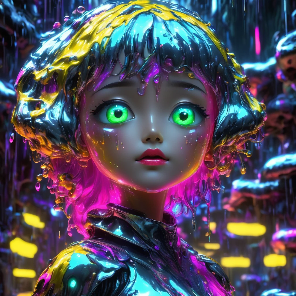  A metal slime that mimics a beautiful human woman.、Liquid Metal MONSTER、Detailed metal face、Beautiful metal eyes、Detailed metal lips、Beautifully detailed metal woman、Liquefied liquid metal face:1.9、Melting hair、Gorgeous futuristic dungeon environments、Shining neon lights、Very detailed、8k、Photorealistic、Dramatic lighting、Cinematic composition、Bright colors、Dark and gloomy atmosphere、Techno-Organic、sf、cyber punk