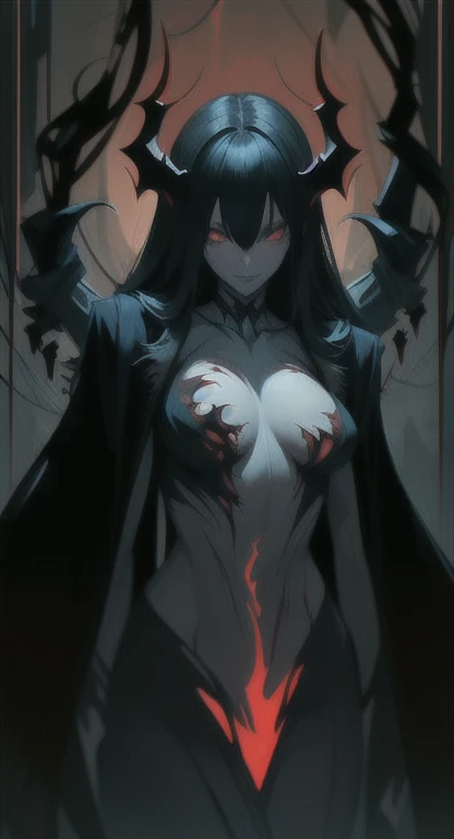 Foggy Forest, ancient female creature, demonic silhouette, manticore shadow figure, red eyes, eyes in the fog, rotting, looking dead, torn wings, 