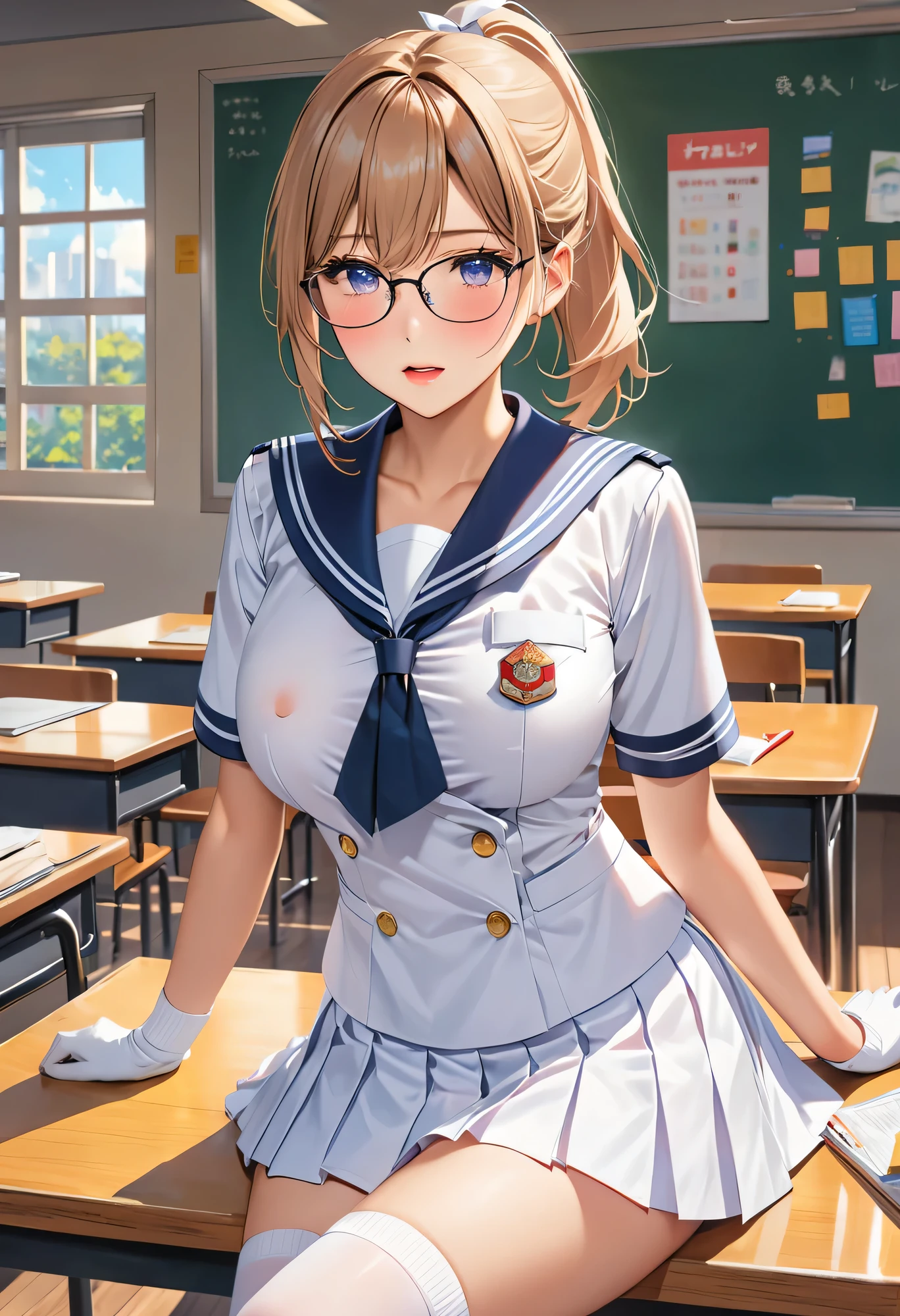 Highest quality、High resolution、Detailed Background、Beautiful face in every detail、Teenage beauty、Huge breasts、Detailed facial expressions、Light color hair、ponytail、Bobcut、Perfect body line、Glasses、Sailor suit、JK Uniform、Pleated skirt、White Stockings、Look at me with cold eyes、Blushing、
(The button on her uniform is broken and her breasts are spilling out:1.5)、(View from below of  sitting at desk in classroom:1.5)、Show your side、Underboob、Panty shot、cute