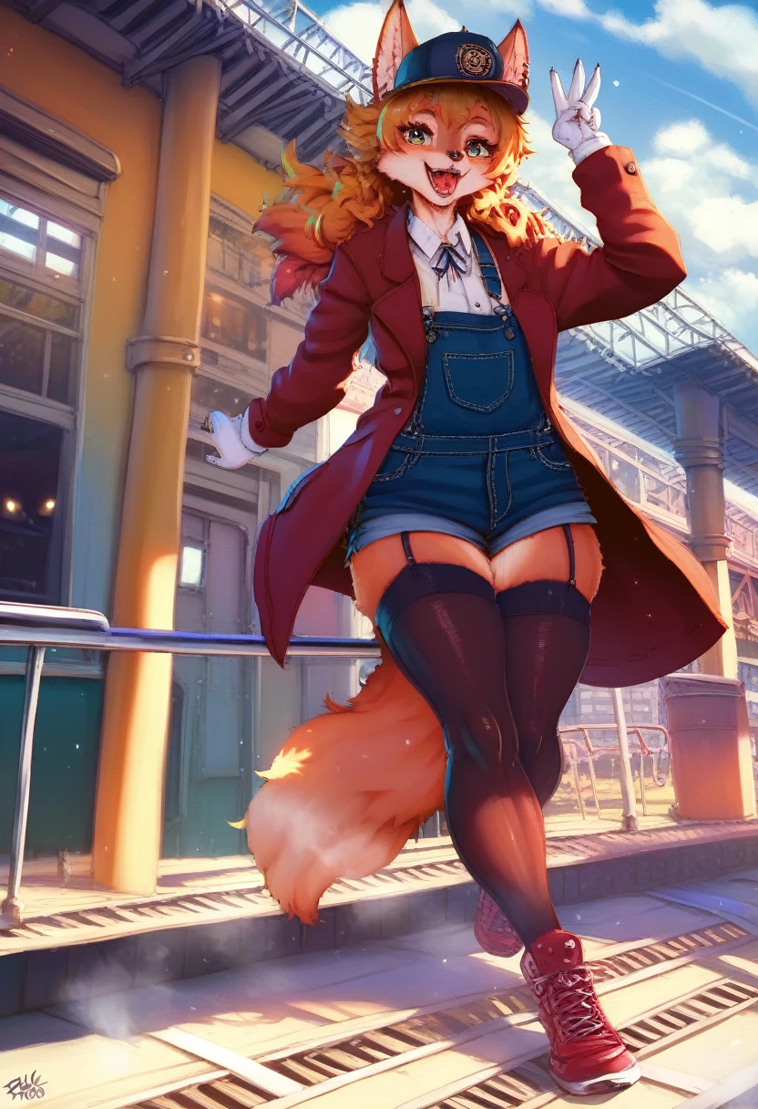 a kemono wolf woman, train driver, long flowing hair, wearing a red train driver's hat, red coat, black overalls, white gloves, black stockings, red shoes, controlling a steam train, happy, highly detailed,HDR, 8k, masterpiece, intricate details, dynamic lighting, vibrant colors, cinematic composition, dramatic atmosphere, train station, detailed facial features, piercing eyes, expressive emotions, striking pose, dynamic action