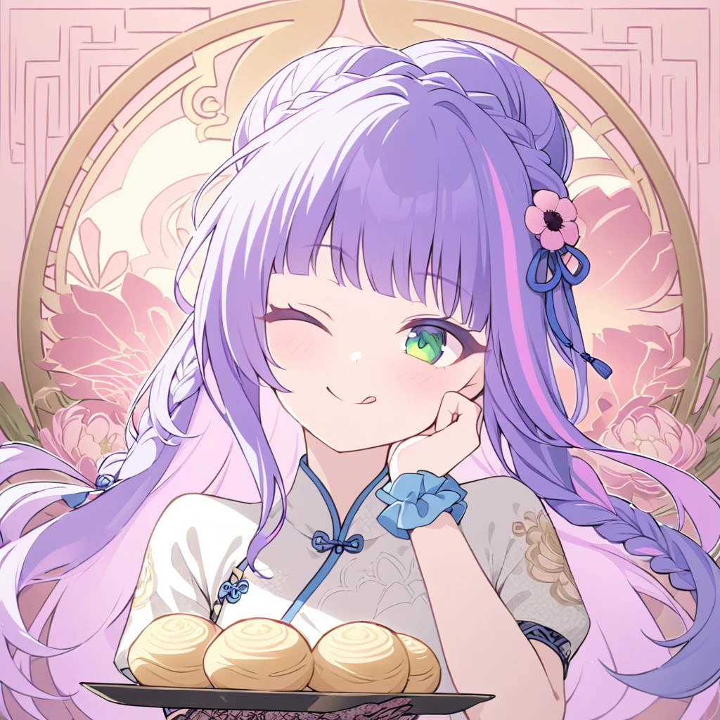 Hiori Light Art, Backlight, chinese style, pink theme, (art nouveau:1.2), (meandros background:1.2), pastel colors, 1girl, solo, portrait, purple hair, streaked hair, hair bun, braided bun, long hair, green eyes, She brought a plate of steamed buns, (long eyelashes:1.2), blunt bangs, blue eyes, long eyelashes, nontraditional chinese clothes, silk dress, white dress, blue embroidery, short sleeves, lace gloves, wrist scrunchie, gold trim, (fine fabric emphasis, embroidery:1.2 ), close-up, (;q:1.1), one eye closed, smug, closed mouth, tongue, hand on own cheek, head_tilt, (fine fabric emphasis, embroidery:1.2), bloom, glowing, perfect lighting, masterpiece, best quality, incredibly absurdres, ultra detailed, reflection, chrysanthemum, poppy, peonies