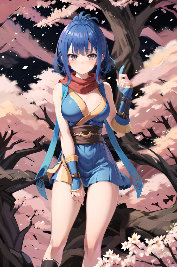 (masterpiece, Highest quality), One girl,  Ragnarok_Ninja, Blue clothes, Red scarf,  Cherry blossom background,  Beautiful breasts、NSFW,Leg spread