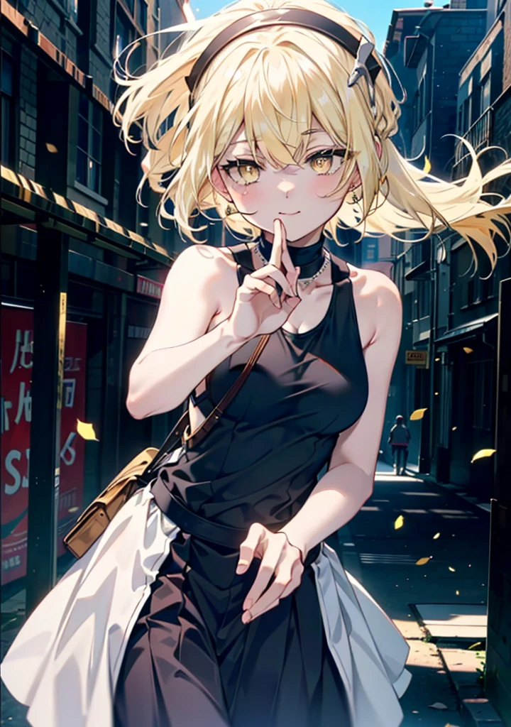 アイスWallenstein, Wallenstein, blonde, Hair between the eyes, hair band, Long Hair, (Yellow Eyes:1.5),happy smile, smile, Shut your mouth.,smile,blush,Long vest,Tank top shirt,Heart Pendant,Long skirt,Cute Sandals,sunny,歩いてるbreak looking at viewer,(Cowboy Shot:1. 5) break outdoors,construction area,city, break (masterpiece:1.2), Highest quality, High resolution, unity 8k wallpaper, (shape:0.8), (Beautiful and beautiful eyes:1.6), Highly detailed face, Perfect lighting, Extremely detailed CG, (Perfect hands, Perfect Anatomy),