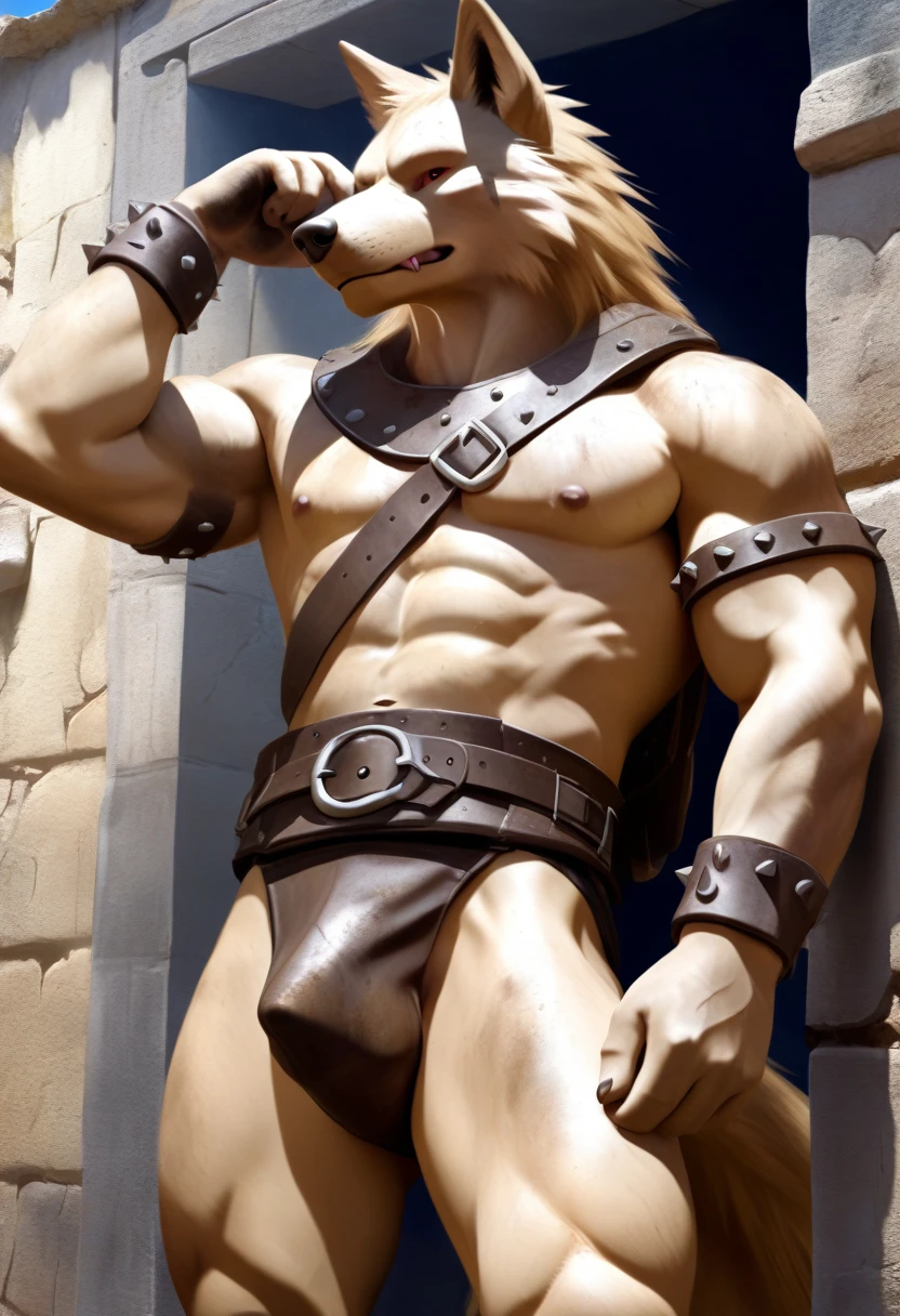 Solo Sexy anthro furry wolf male; ancient Mediterranean desert warrior; slim mesomorph handsome model apperance apperance; anthro muzzle head shape leather helmet mask with eye holes; anthro muzzle head shape leather helmet mask with eye holes, anthro muzzle head shape leather helmet mask with eye holes,; anthro muzzle head shape leather helmet mask with eye holes; anthro muzzle head shape leather helmet mask with eye holes, anthro muzzle head shape leather helmet mask with eye holes,; sexy toned muscules; sword scars;  worn out heavy rusty sexy skimpy heavy armament. He has low on hips heavy leather studded heavy belt. he has  very old worn out jockstrap (smelly jockstrap fetish); His jockstrap it is made of old white linen material sewn together from a few pieces, it has never been washed, it is dirty and has stains from secretions of dried semen and sweat; His armor is old heavy brown heavy armlets studded with spikes; heavy skimpy heavy breastplate, skimpy heavy breastplate,  he has old brown leather BFR Bands on Biceps and his thighs, he has old worn out fingerless leather gloves. His skimpy heavy  armor is in ruin, it is very very old and dirty, rusted, dirty, old worn out, rusty heavy skimpy breastplate. Even though he is a handsome and sexy man, he has a sloppy appearance, has disheveled unwashed dirty fur, dirty body look. he smells, he has stains from old blood, dirst, cum, mud, smelly furr, disgusting bastard looking.he leans sexily against the wall with his legs spread, one hand behind his head, and he touches bulgy his jockstrap, licking his lips, horny for sex ; Mediterranean sunny pine forest; he has a proud, threatening and defiant expression on his face, with little dirty dangerous smile; 