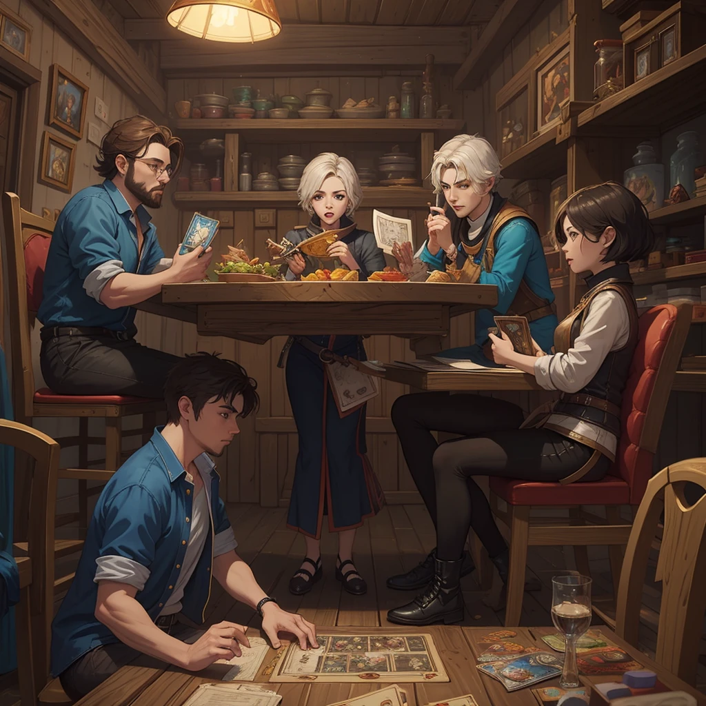white woman with short red hair, short brown haired white woman, man with brown hair and beard, black haired man without beard. Os quatro estão sentados juntos a mesa jogando um jogo de rpg em a multidimensional cozy tavern, board game cover art Arte do jogo de cartas Hearthstone, Arte do jogo de cartas Hearthstone . ”, card game illustration, Arte de RPG, fantasy card game art, epic fantasy card game art, high quality dnd illustration, Lawther sitting at the table playing dnd, Hearthstone card art, hearthstone art, a multidimensional cozy tavern, board game cover art