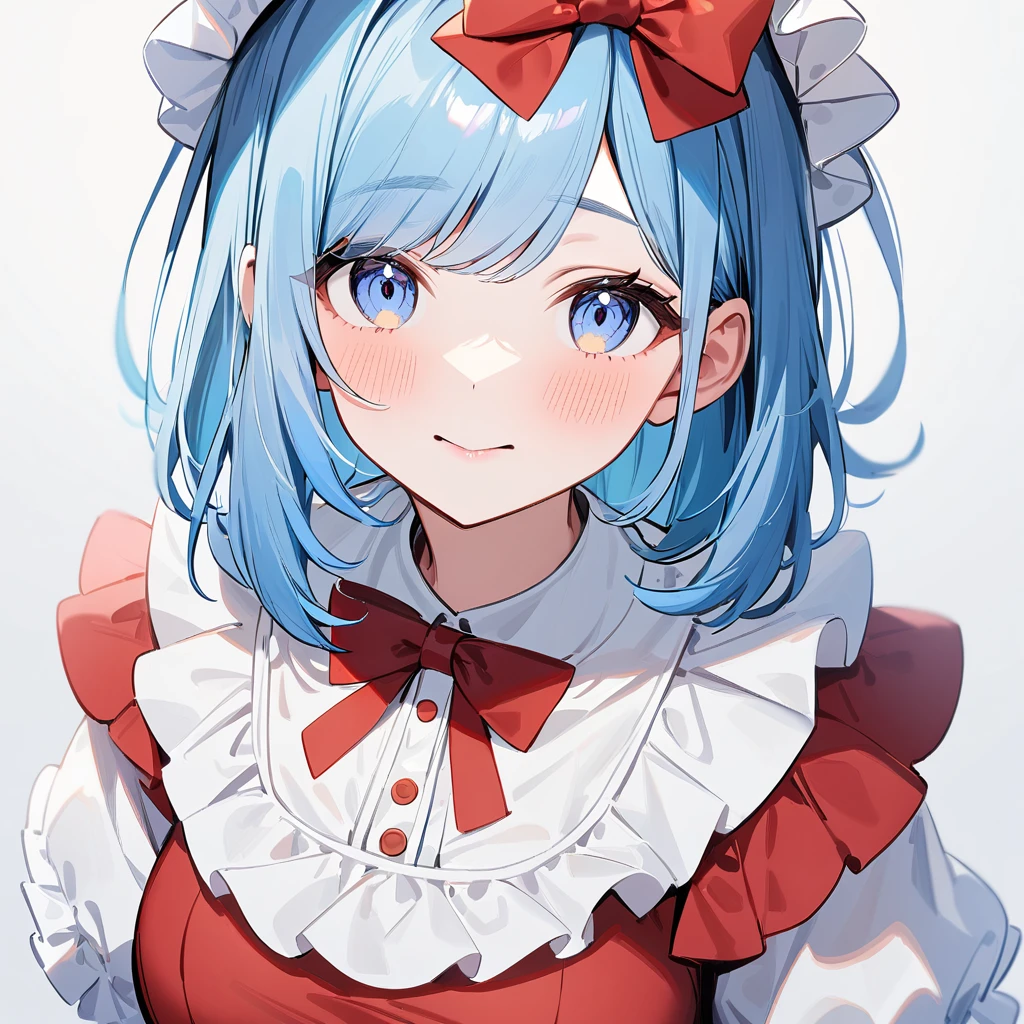 1girl,Solo,cute,Blue hair,Blue and red, swept bangs,straight-on,medium hair,big breast,masterpiece, best quality,very aesthetic,absurdres,(bow),(Low brightness),(frill dress)
