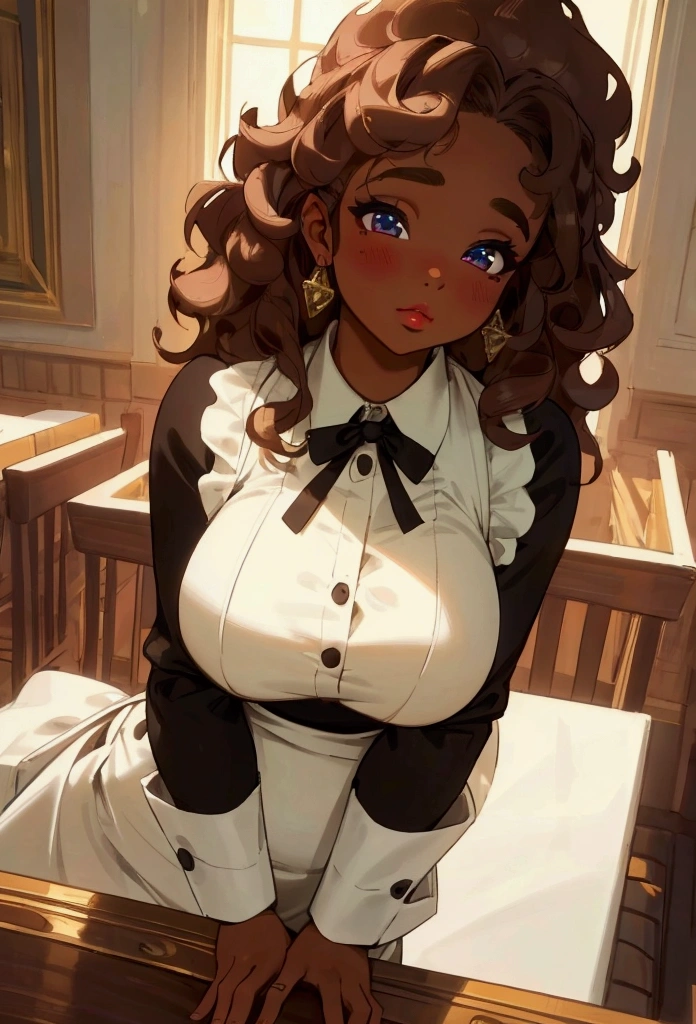 a chubby girl with a shy face, big breasts, tan darkish skin, curly hair, (best quality,4k,8k,highres,masterpiece:1.2),ultra-detailed,beautiful detailed eyes,beautiful detailed lips,extremely detailed eyes and face,warm lighting,vibrant colors,soft focus, composition, in a waiter outfit