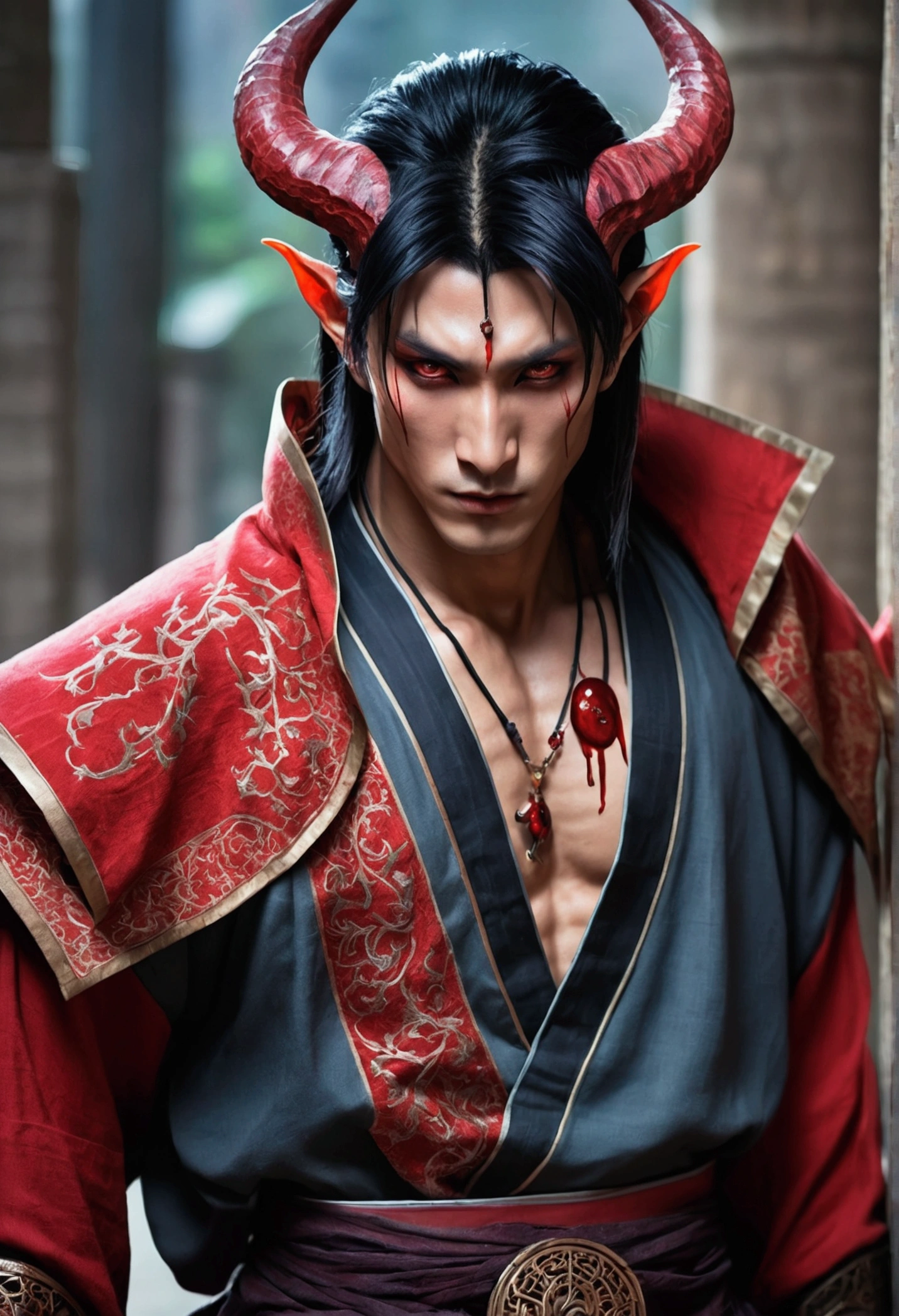 1 male demon with red skin with very thin blood horns starting from the forehead, ((hair looking)) ((with baggy clothes style oriental rpg world)) (perfect human eyes) work of art, best qualityer, (full viwer), bottom clean.