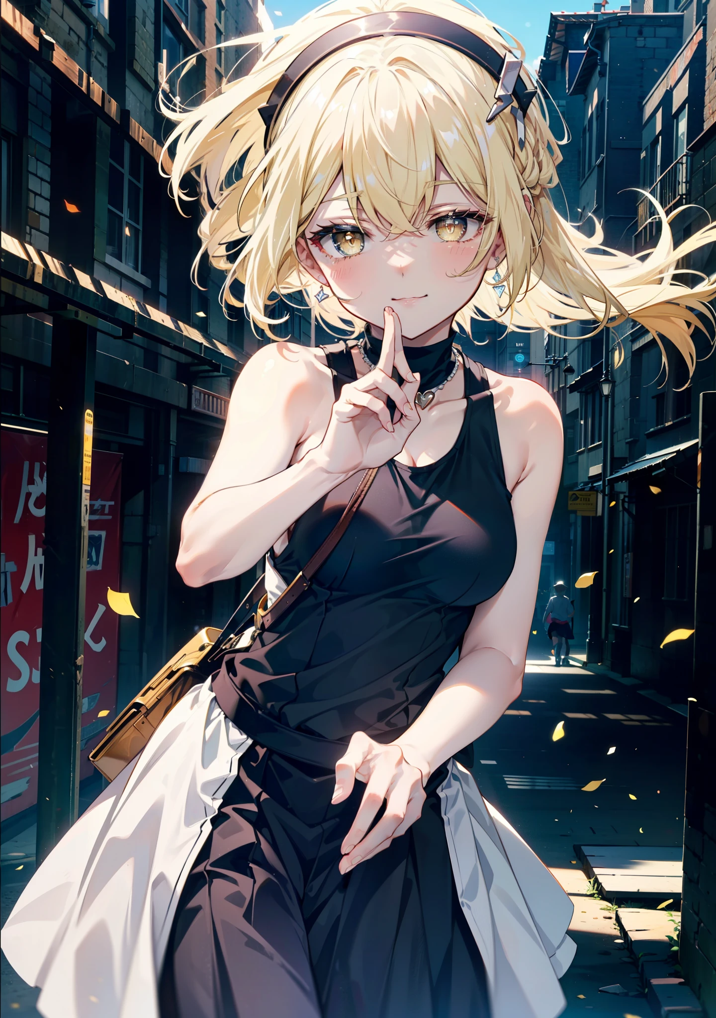 アイスWallenstein, Wallenstein, blonde, Hair between the eyes, hair band, Long Hair, (Yellow Eyes:1.5),happy smile, smile, Shut your mouth.,smile,blush,Long vest,Tank top shirt,Heart Pendant,Long skirt,Cute Sandals,sunny,歩いてるbreak looking at viewer,(Cowboy Shot:1. 5) break outdoors,construction area,city, break (masterpiece:1.2), Highest quality, High resolution, unity 8k wallpaper, (shape:0.8), (Beautiful and beautiful eyes:1.6), Highly detailed face, Perfect lighting, Extremely detailed CG, (Perfect hands, Perfect Anatomy),