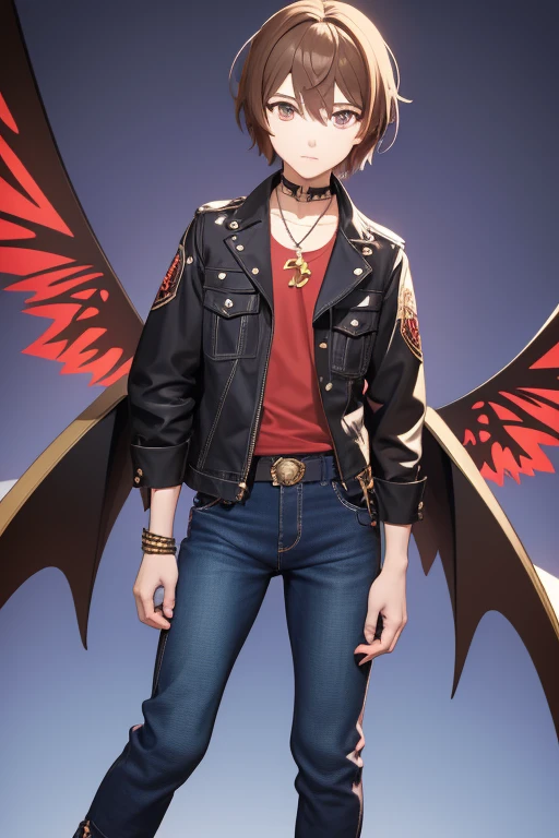 V Flower Vocaloid 16 year old boy Brown hair with black Light brown eyes Black open jean jacket with Wings print Red shirt Blue jeans Brown combat boots Golden cross necklace looking directly at the viewer on a light blue background