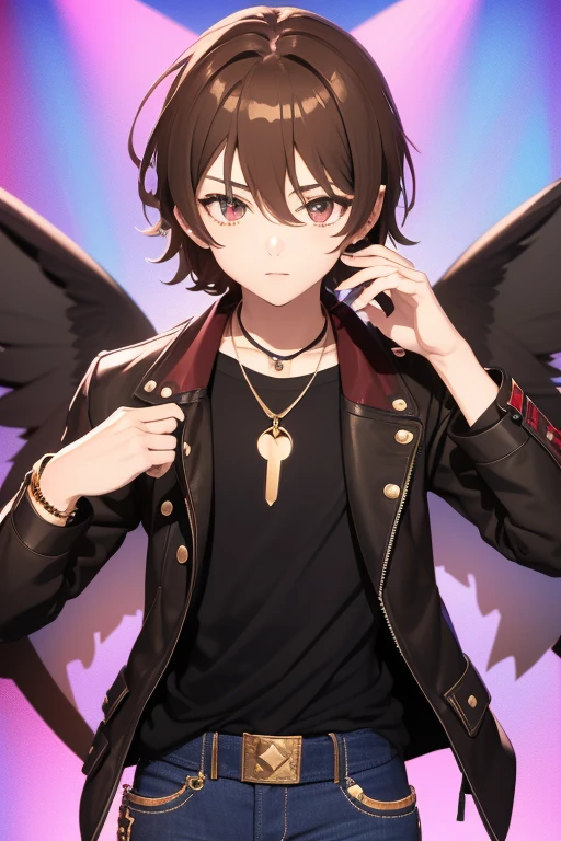 V Flower Vocaloid 16 year old boy Brown hair with black Light brown eyes Black open jean jacket with Wings print Red shirt Blue jeans Brown combat boots Golden cross necklace looking directly at the viewer on a light blue background