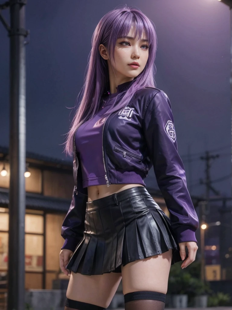 Ayane, Purple hair, (best quality, Ultra-detailed), (realistic:1.37), beautiful and detailed face, ultra-realistic texture, delicate face, delicate body, red lipstick, long-lasting colors. high definition, 8K. with a serious and very expressive expression in the eyes.