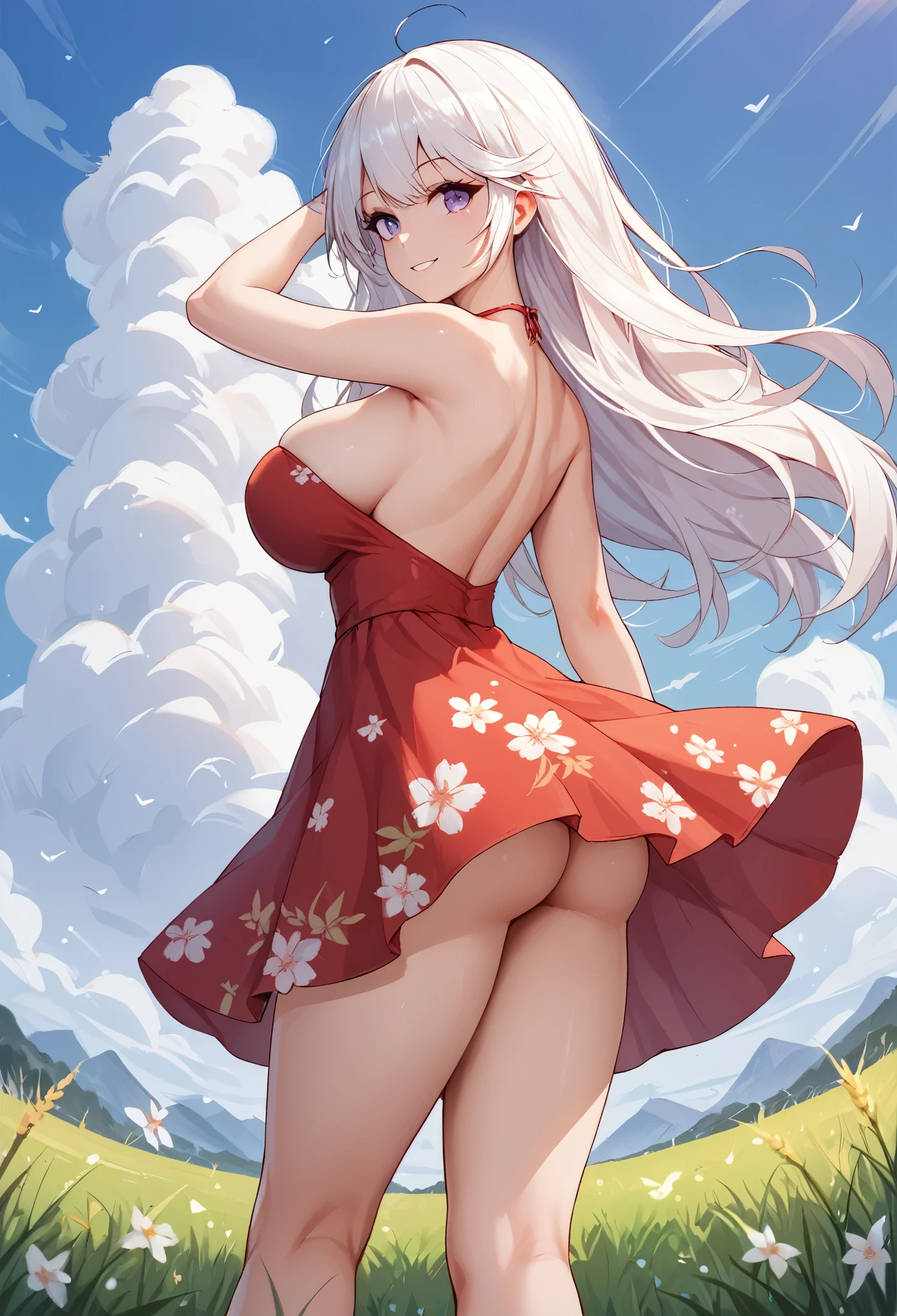 score_9, score_8_up, score_7_up, 1girl, solo, huge_breasts, hourglass figure, Enterprise from Azur Lane, Enterprise_/(Azur Lane)/, white hair, purple eyes, long hair, standing, floral print sundress, red sundress, bare shoulders, strapless, sleeveless, standing, toothy smile, , from behind, looking back, outdoors, grass, daytime, clouds, cute butt 