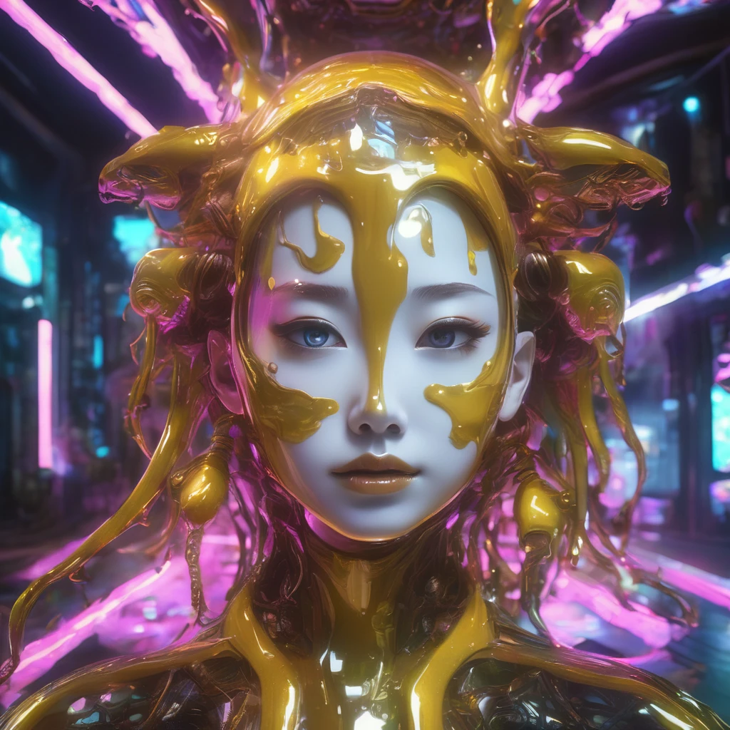  A metal slime that mimics a beautiful human woman.、Liquid Metal MONSTER、Detailed metal face、Beautiful metal eyes、Detailed metal lips、Beautifully detailed metal woman、(Liquefied liquid metal face:1.9)、Melting hair、Gorgeous futuristic dungeon environments、Shining neon lights、Very detailed、8k、Photorealistic、Dramatic lighting、Cinematic composition、Bright colors、Dark and gloomy atmosphere、Techno-Organic、sf、cyber punk