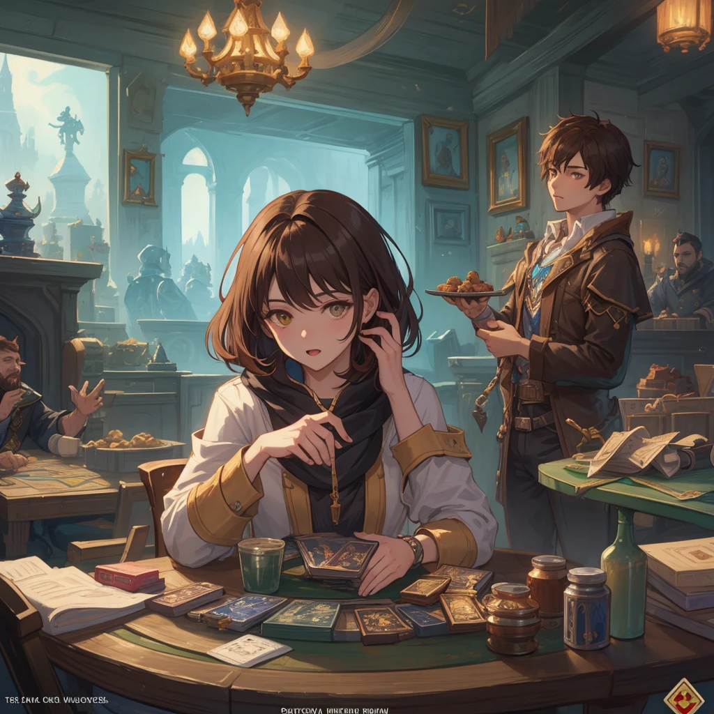 white woman with short red hair, short brown haired white woman, man with brown hair and beard, black haired man without beard. Os quatro estão sentados juntos a mesa jogando um jogo de rpg em a multidimensional cozy tavern, board game cover art      Arte do jogo de cartas Hearthstone, Arte do jogo de cartas  Hearthstone . ”, card game illustration, Arte de RPG, fantasy card game art, epic fantasy card game art, high quality dnd illustration, Lawther sitting at the table playing dnd, Hearthstone card art, hearthstone art, a multidimensional cozy tavern, board game cover art