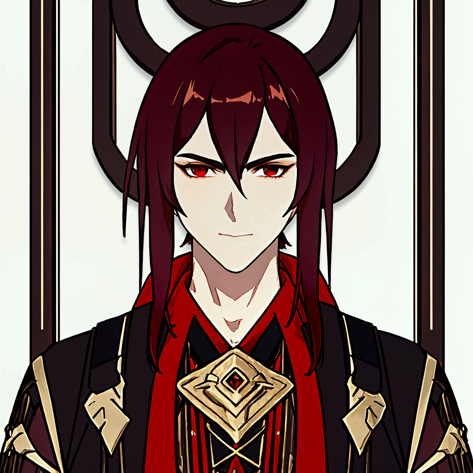 masterpiece, best quality, simple background, simple background, simple background, simple background, portrait, solo, 1man, 40 years, tall, muscular man, gradient black and red hair, muscular man