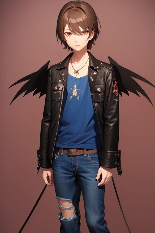 V Flower Vocaloid 16 year old boy Brown hair with black Light brown eyes Black open jean jacket with Wings print Red shirt Blue jeans Brown combat boots Golden cross necklace looking directly at the viewer on a light blue background