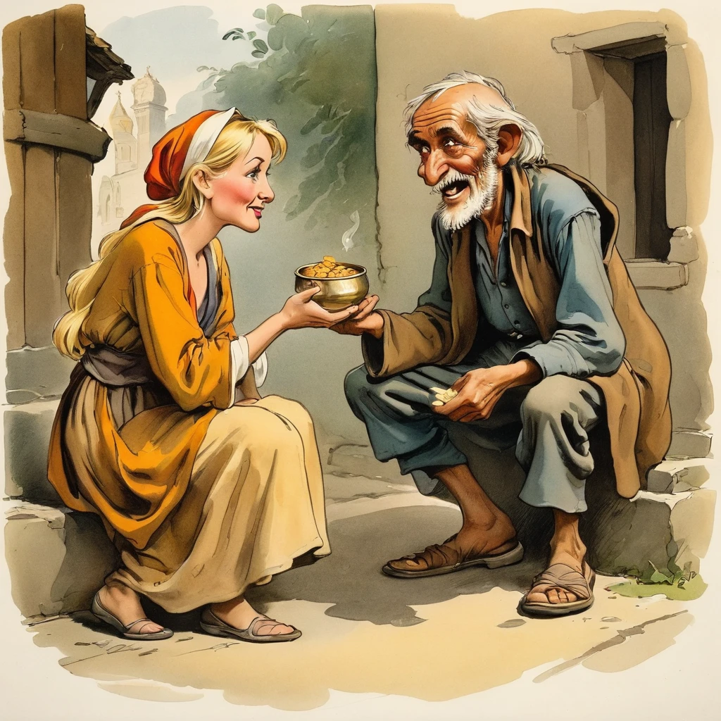 Caricature of an old beggar asking for alms from a pretty blonde woman