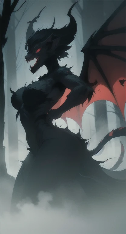 Foggy Forest, ancient female creature, demonic silhouette, manticore shadow figure, red eyes, eyes in the fog, rotting, looking dead, torn wings,