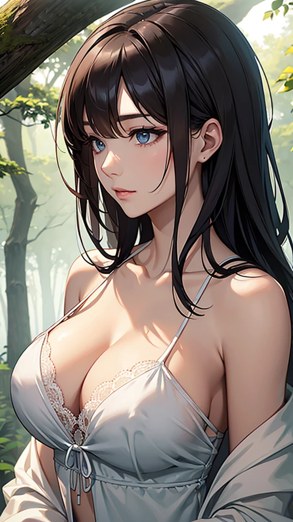 In the fog。A woman in a thin negligee leaning against a large tree in the forest。Cleavage。Show your shoulders。relaxing。Close-up of face。