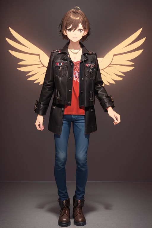 V Flower Vocaloid  boy Brown hair with black Light brown eyes Black open jean jacket with Wings print Red shirt Blue jeans Brown combat boots Golden cross necklace looking directly at the viewer on a light blue background