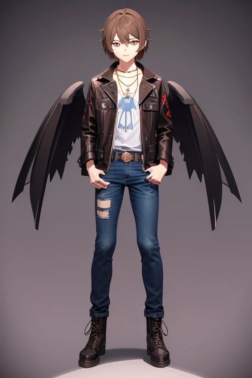 V Flower Vocaloid 16 year old boy Brown hair with black Light brown eyes Black open jean jacket with Wings print Red shirt Blue jeans Brown combat boots Golden cross necklace looking directly at the viewer on a light blue background