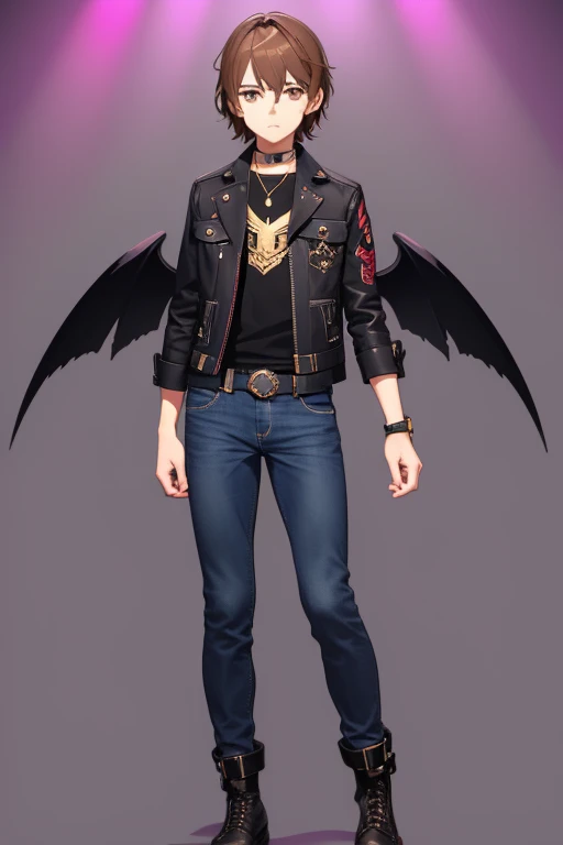 V Flower Vocaloid 16 year old boy Brown hair with black Light brown eyes Black open jean jacket with Wings print Red shirt Blue jeans Brown combat boots Golden cross necklace looking directly at the viewer on a light blue background