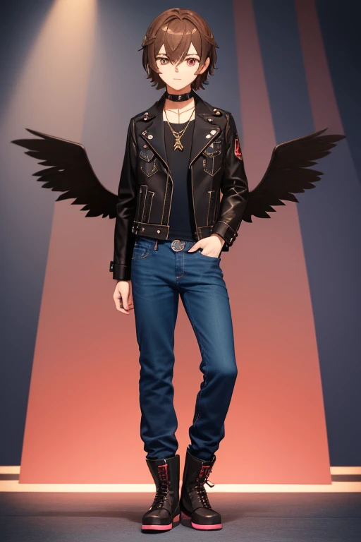 V Flower Vocaloid 16 year old boy Brown hair with black Light brown eyes Black open jean jacket with Wings print Red shirt Blue jeans Brown combat boots Golden cross necklace looking directly at the viewer on a light blue background