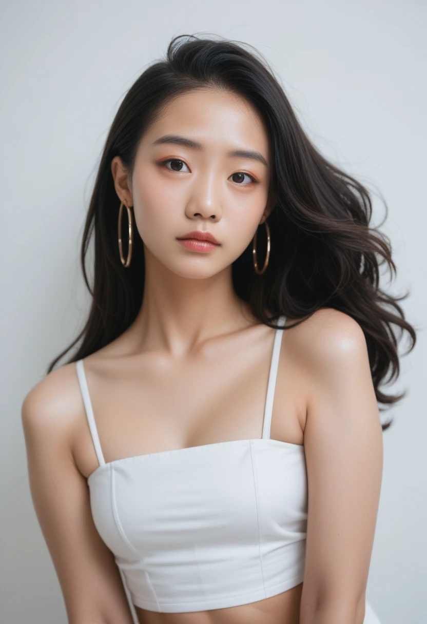asian girl, black hair, loose hair, face and body looking straight into the camera, full face, (neutral expression) studio lighting, masterpiece, best quality, solo, 1girl, luminous skin, ultra textured skin, hoop earrings, ultra glamorous, whimsical details, slicked hair, mesmerizing, bare shoulder, white crop top, white long pants, shallow depth of field, contrapposto, professional model, face front, portrait, white background