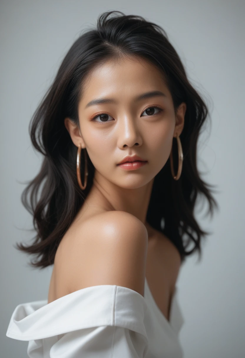 asian girl, black hair, loose hair, face and body looking straight into the camera, full face, (neutral expression) studio lighting, masterpiece, best quality, solo, 1girl, luminous skin, ultra textured skin, hoop earrings, ultra glamorous, whimsical details, slicked hair, mesmerizing, bare shoulder, white crop top, white long pants, shallow depth of field, contrapposto, professional model, face front, portrait, white background