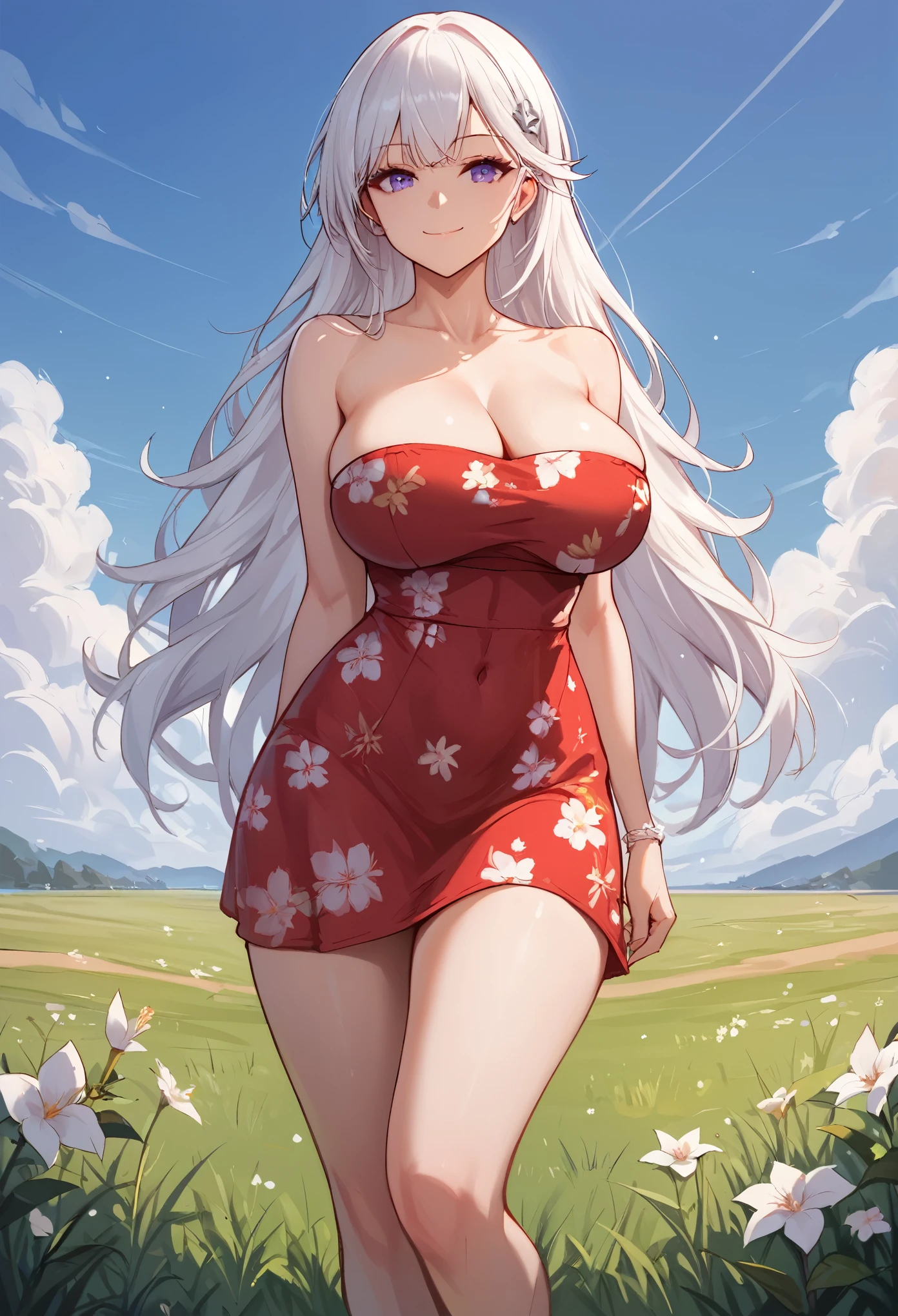 score_9, score_8_up, score_7_up, 1girl, solo, huge_breasts, hourglass figure, Enterprise from Azur Lane, Enterprise_/(Azur Lane)/, white hair, purple eyes, long hair, standing, floral print sundress, red sundress, bare shoulders, strapless, sleeveless, standing, smile, closed mouth, looking at viewer, outdoors, grass, daytime, clouds