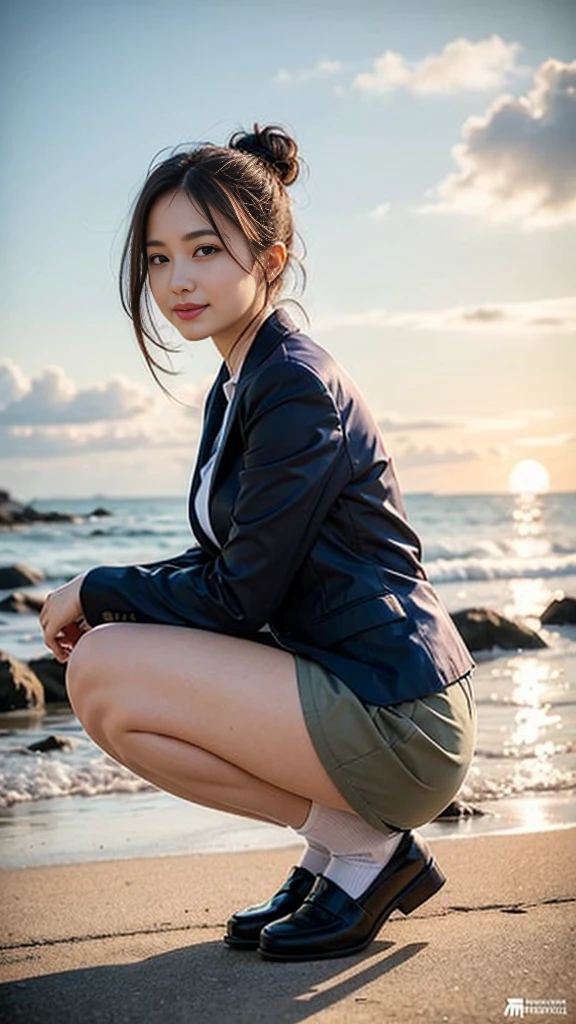 software:1.5、close , ((From an angle)), expensiveest quality, Tabletop, 16K, Realistic, Concept Art, Beautiful girl squatting on the beach , Beautiful Face, Smiling Kindly、Beautiful light brown hair bun, Beautiful light brown eyes, Ample breasts, Looking at the audience, blush, expensive , blazer, Pleated skirt, Navy blue socks、loafers,Low people,No pants, Sunset Coast, Orange sky, Beautiful Clouds,Natural light