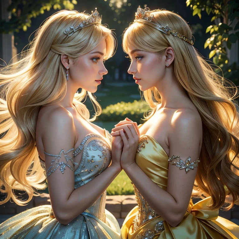 (masterpiece, best quality:1.5), highest quality, High resolution, super detailed, realisti, Full body photo of the blonde princess, detailed and beautiful eyes, beautiful detailed lips, very detailed eyes and face, longeyelashes, Princess in silver royal dress, Beautiful and colorful makeup, elegant and noble々Pose,shiny crown and jewels, Royal gardens as background, soft daylight, bright colors, fine brushstrokes, Portrait style, Exquisite details in the dress fabric, beautiful color palette, glowing skin, First-class rendering, that captures every detail, enchanting atmosphere, subtle shadows and lights, (perfect anatomy:1.2), (Two stunning princesses are deeply in love:1.4), (kiss:1.2), (magnificent panorama view:1.2)