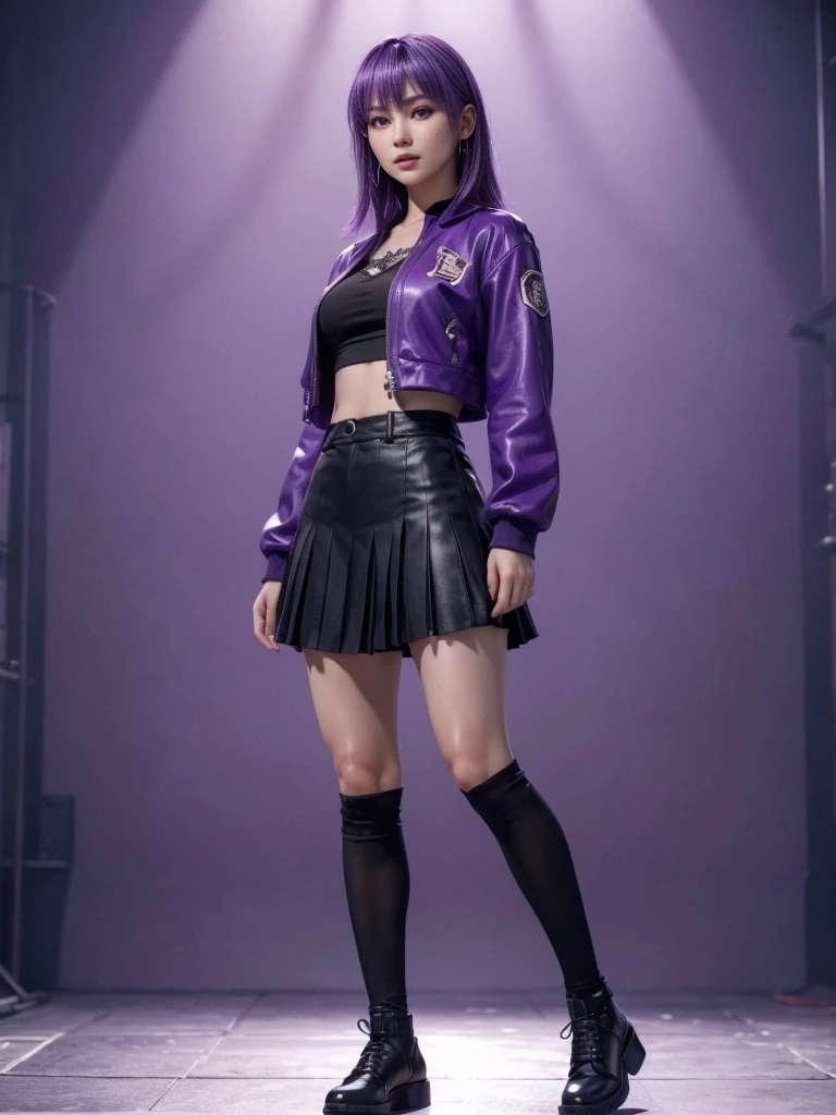 Ayane, Purple hair, (best quality, Ultra-detailed), (realistic:1.37), beautiful and detailed face, ultra-realistic texture, delicate face, delicate body, red lipstick, long-lasting colors. high definition, 8K. with a serious and very expressive expression in the eyes.