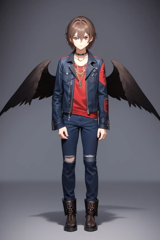 V Flower Vocaloid 16 year old boy Brown hair with black Light brown eyes Black open jean jacket with Wings print Red shirt Blue jeans Brown combat boots Golden cross necklace looking directly at the viewer on a light blue background