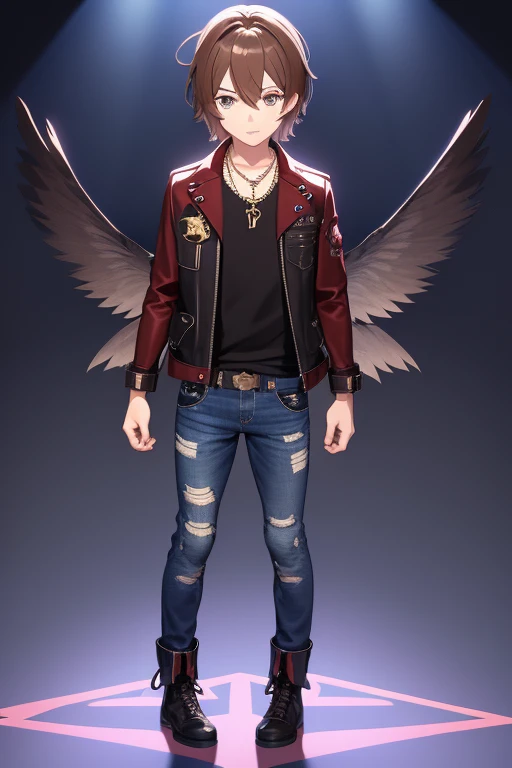 V Flower Vocaloid 16 year old boy Brown hair with black Light brown eyes Black open jean jacket with Wings print Red shirt Blue jeans Brown combat boots Golden cross necklace looking directly at the viewer on a light blue background