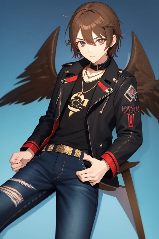 V Flower Vocaloid 16 year old boy Brown hair with black Light brown eyes Black open jean jacket with Wings print Red shirt Blue jeans Brown combat boots Golden cross necklace looking directly at the viewer on a light blue background