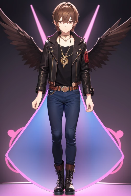 V Flower Vocaloid  boy Brown hair with black Light brown eyes Black open jean jacket with Wings print Red shirt Blue jeans Brown combat boots Golden cross necklace looking directly at the viewer on a light blue background