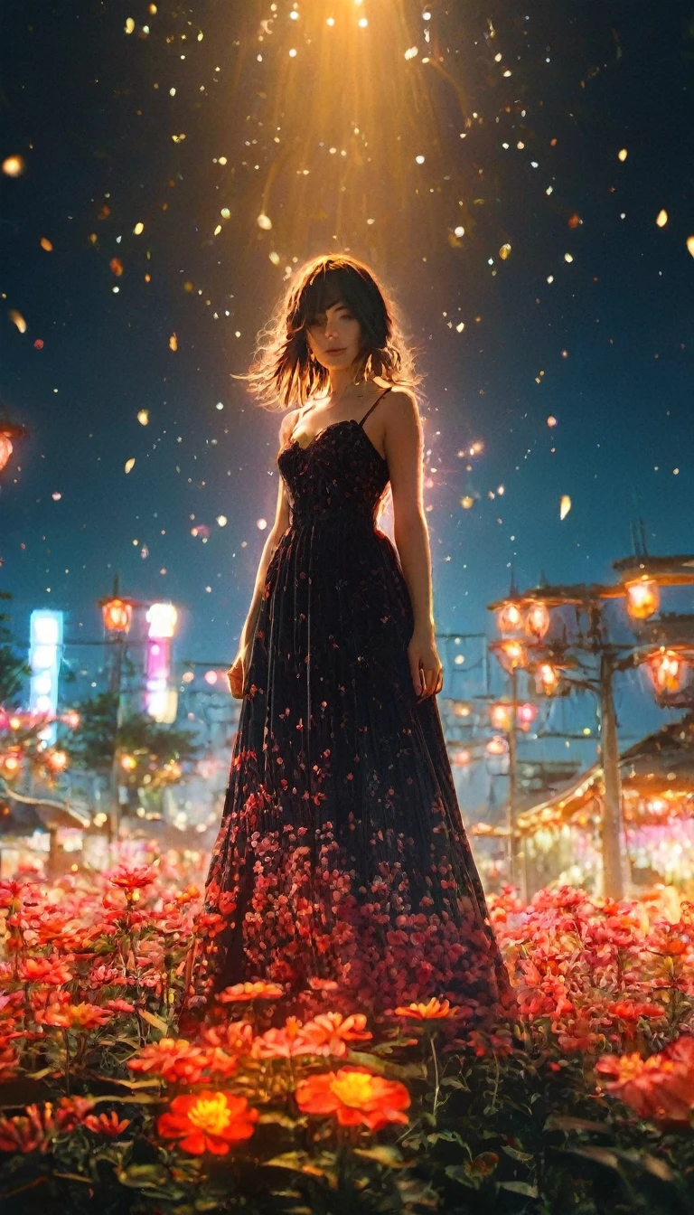 アニメ,Anime Style,Beautiful woman in a long dress、Standing on a shining island surrounded by floating red flowers。. The black sky reflects the neon lights、A yellow light shines from behind her. In the center is a small tree that glows like fire... masterpiece,best quality,ultra detailed,high-resolution,8k portrait,unity 8k wallpaper,extremely detailed CG unity 8k wallpaper