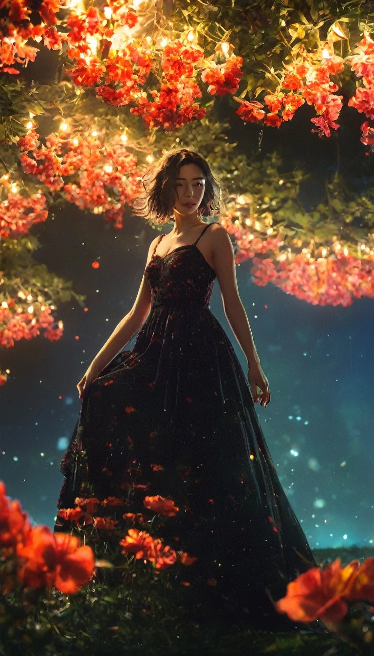 アニメ,Anime Style,Beautiful woman in a long dress、Standing on a shining island surrounded by floating red flowers。. The black sky reflects the neon lights、A yellow light shines from behind her. In the center is a small tree that glows like fire... masterpiece,best quality,ultra detailed,high-resolution,8k portrait,unity 8k wallpaper,extremely detailed CG unity 8k wallpaper