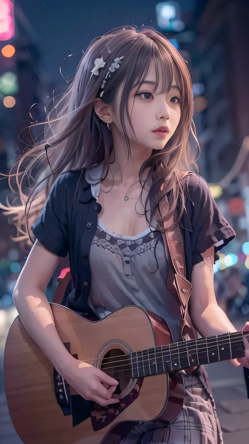 Singing on a street corner at night,A fragile singer,Tsurime,Detailed face，Detailed face，Cool color makeup,People who cry when they hear the song Smooth Hair，Fine hair，Very fine hair，A fragile girl,Girl playing the guitar,In detail、Smooth Hair，Fine hair，Very fine hair,