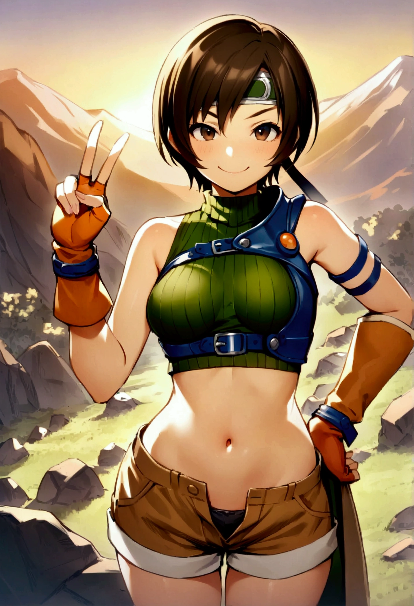 score_9, score_8_up, score_7_up,,BREAK ,best quality,aesthetic,very aesthetic,high-resolution ,mediumshot,,soro focus,1girl, yuffie kisaragi, final fantasy, short hair,headband,navel,sleeveless,turtleneck,brown eyes,sleeveless turtleneck,solo,breasts,looking at viewer,smile,gloves,crop top,brown hair,shorts,midriff,,sweater,open fly,armor,fingerless gloves,ribbed sweater,medium breasts,(great joy,),standing,mountain,sunset,top angle,v,hand on hip,smug,